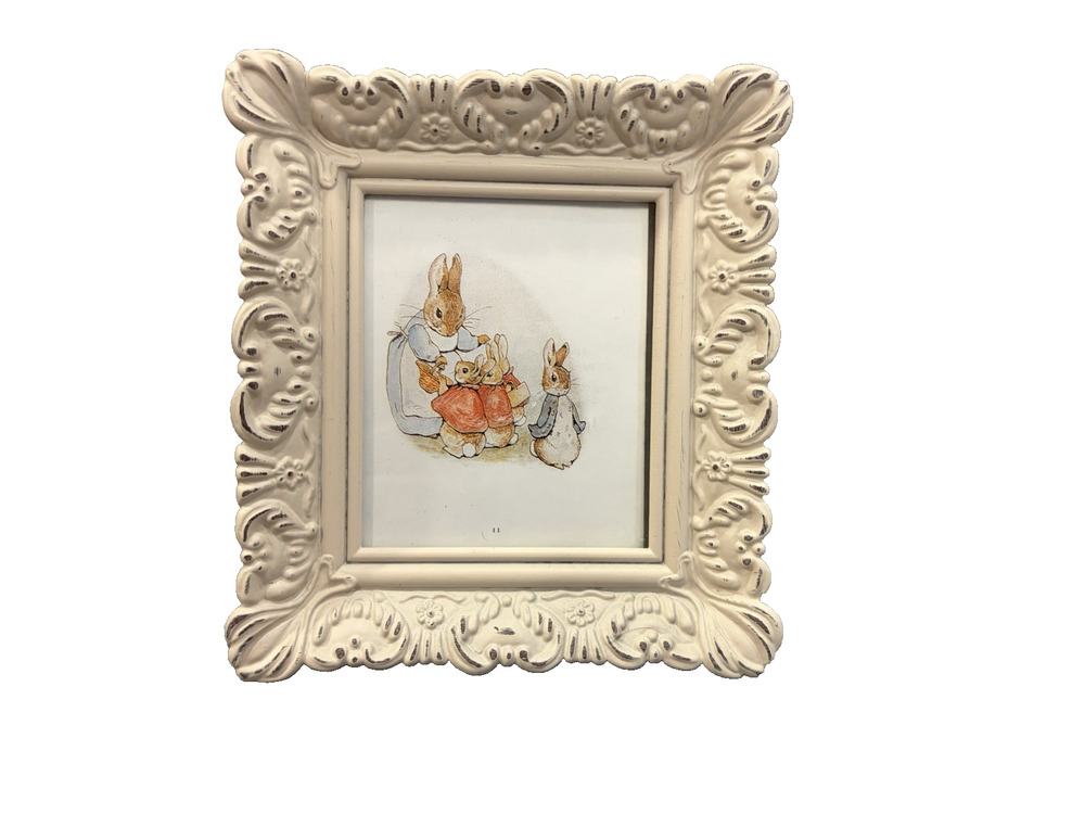 Peter Rabbit with Mom and siblings, framed picture. Cottage Shabby chic Vintage